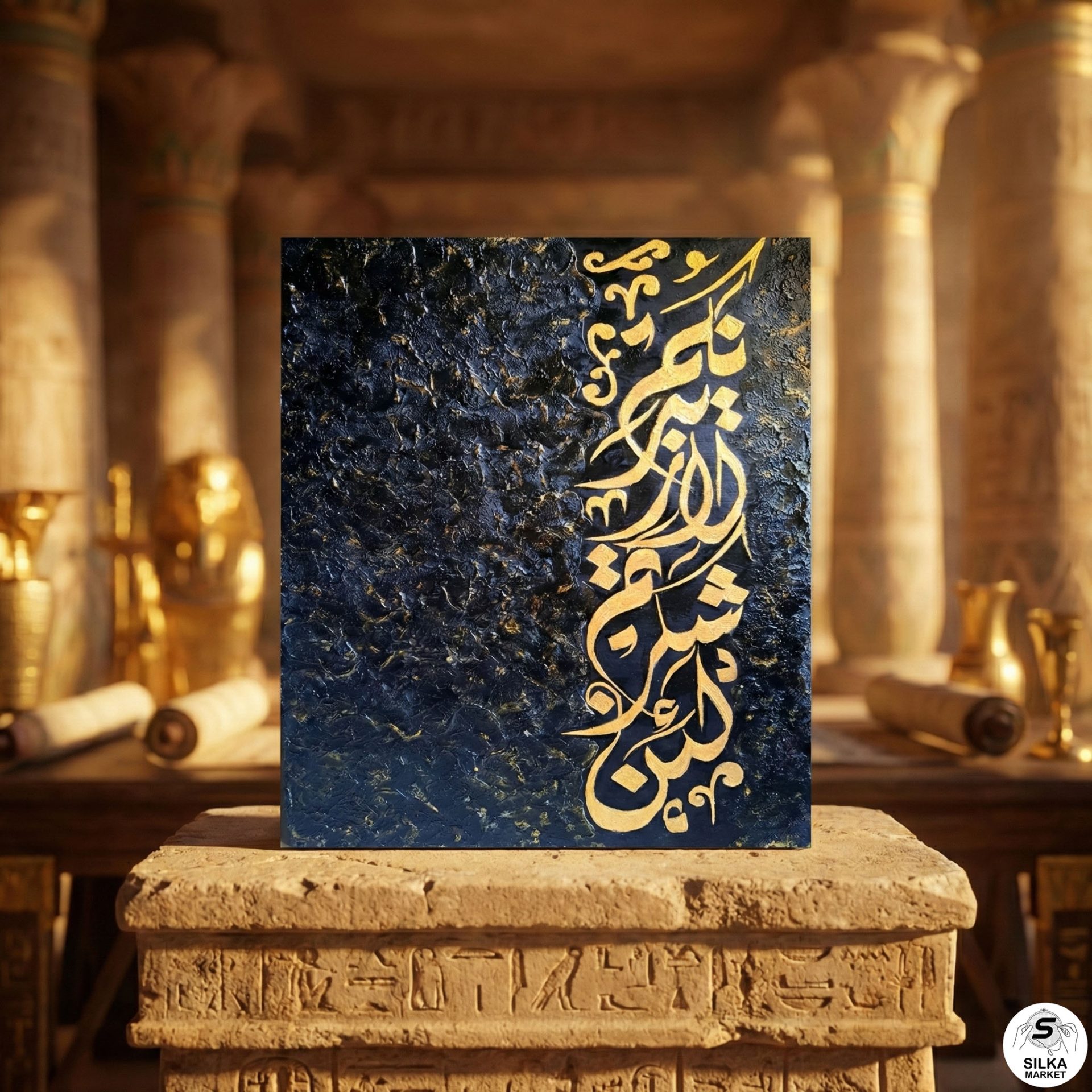 Overflowing Gratitude” painting in acrylic colors and gold leaf with a Qur’anic verse in Diwani Arabic calligraphy