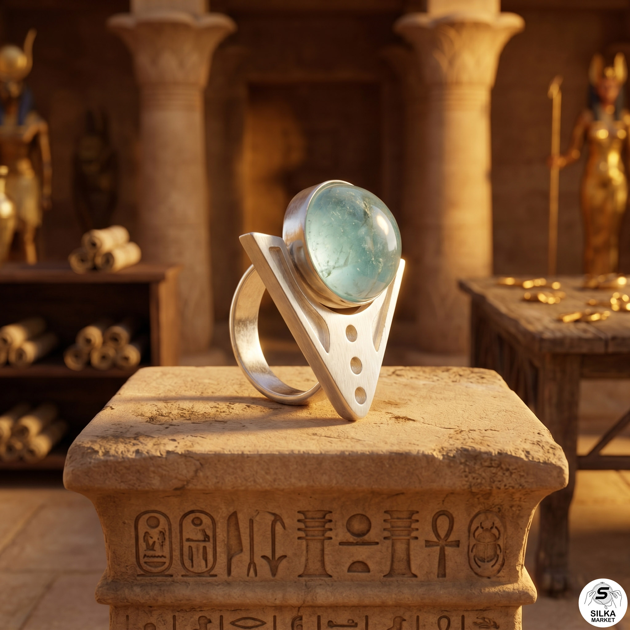 Bague argentée triangulaire avec lobe de fluorite