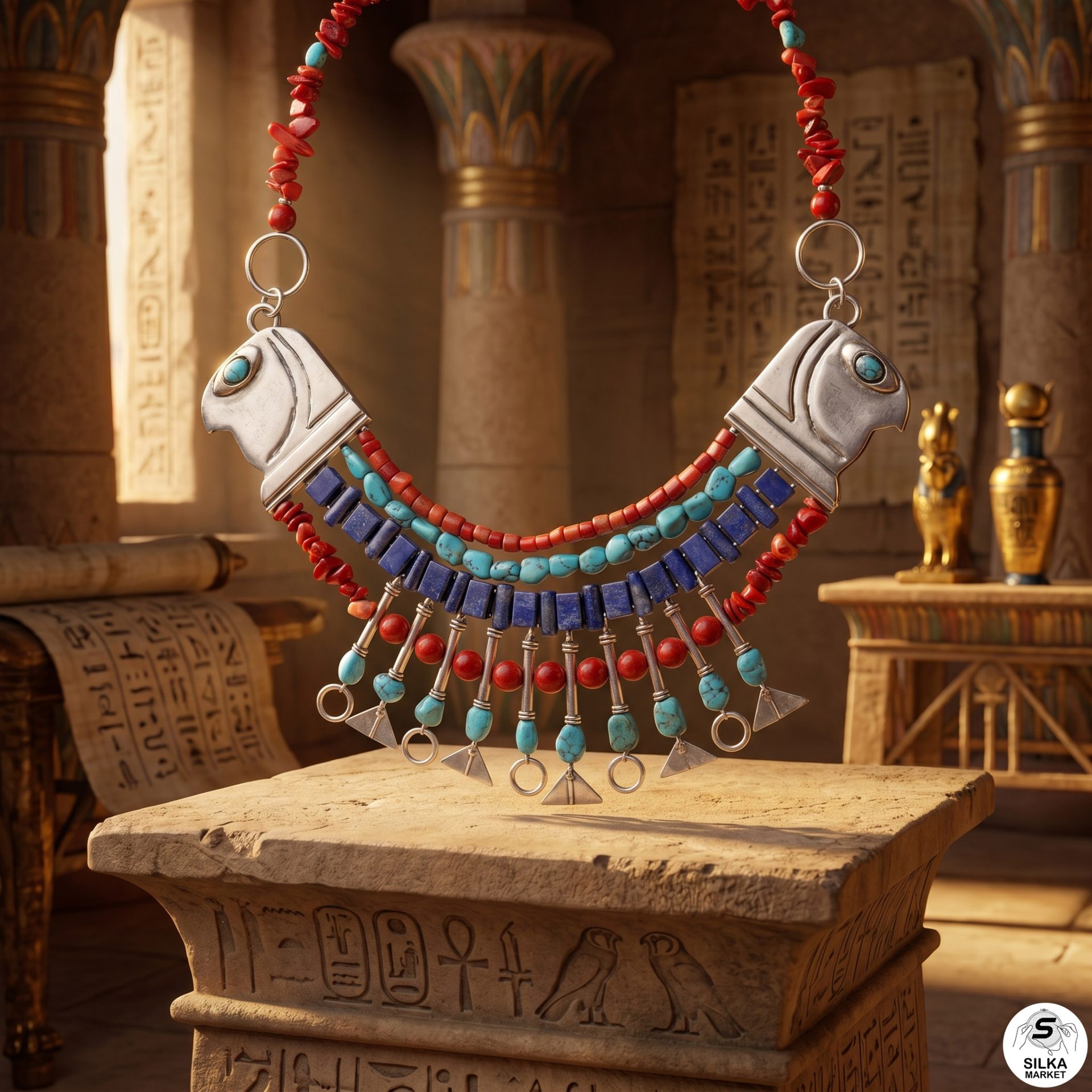 Collier Œil d'Horus en argent avec diverses pierres précieuses