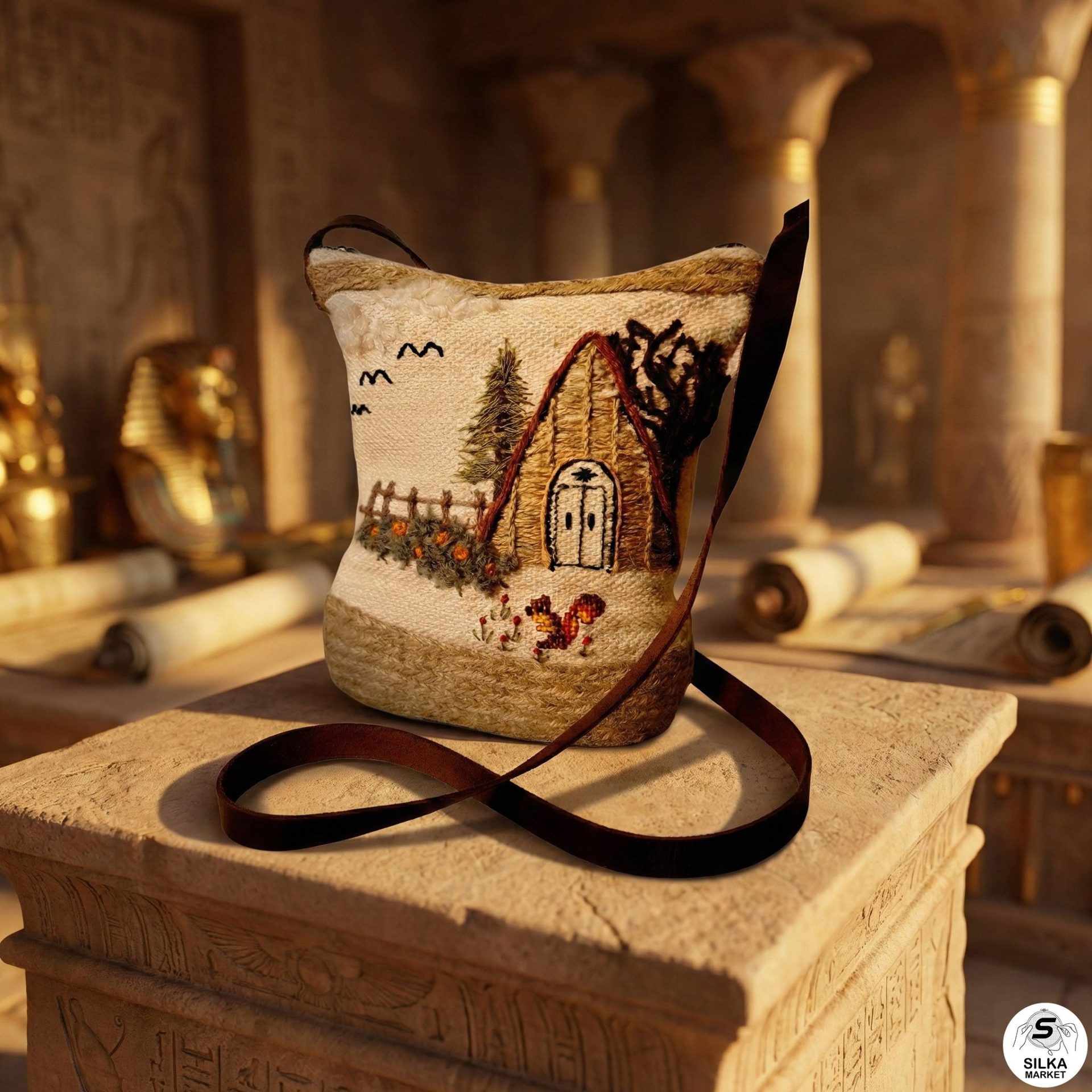 حقيبة مصنوعة من نسيج النول ومطرزة يدويًا بقاعدة ثابتة من خيوط الجوت