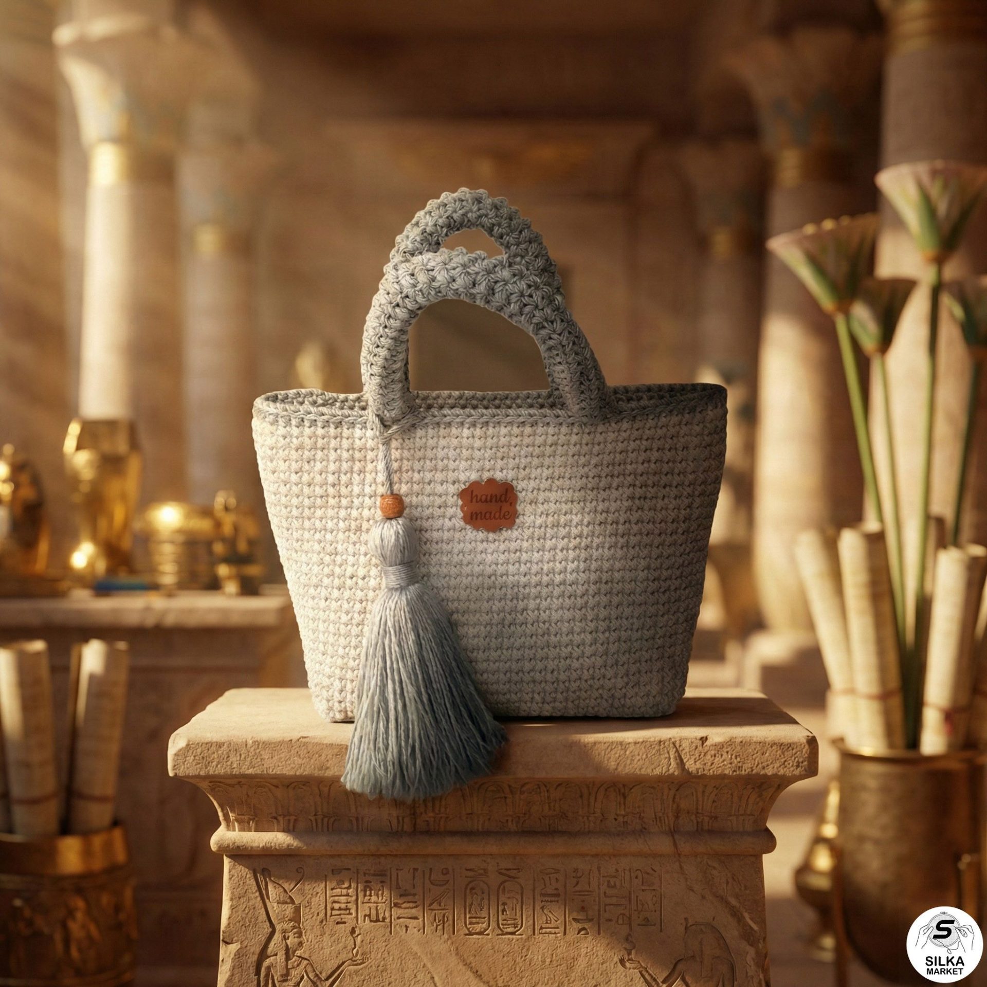 حقيبة كروشيه مصنوعة من خيوط الماكرميه المصرية فقط بما في ذلك المقابض المصنوعة من نفس الخيوط