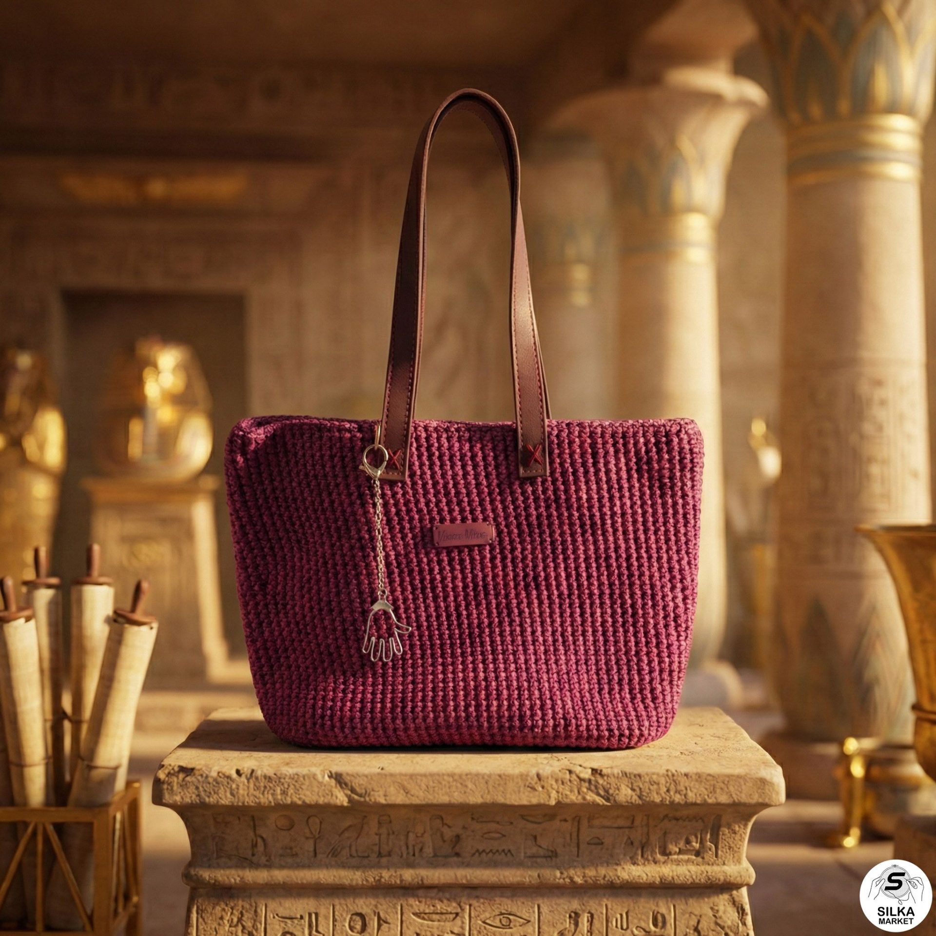 حقيبة كروشيه مصنوعة من خيوط Chainy Cotton ومقبض جلدي