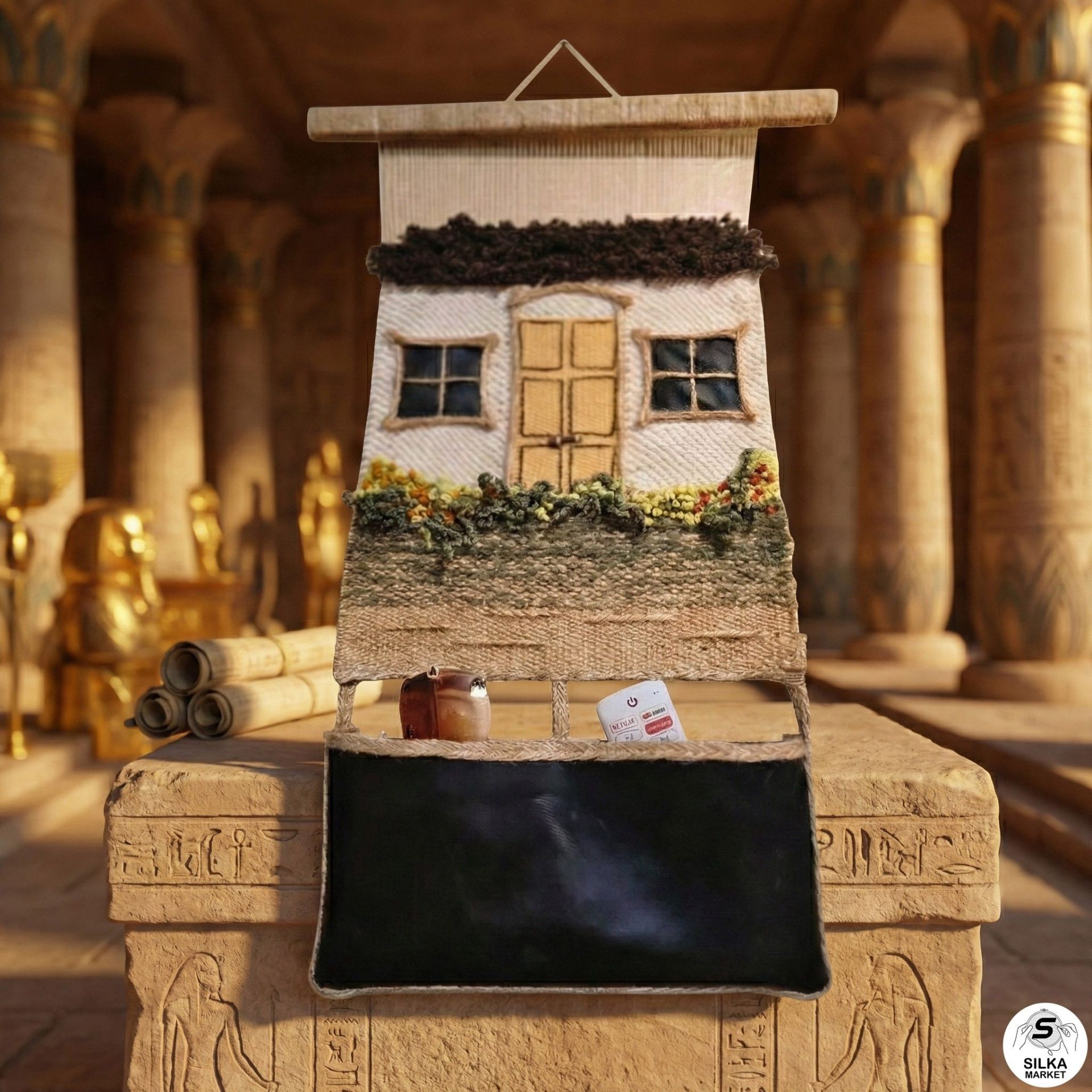 لوحة جدارية منسوجة على نول يدوي مع إضافة جيب من الجلد الطبيعي لتخزين المفاتيح والنظارات وغيرها
